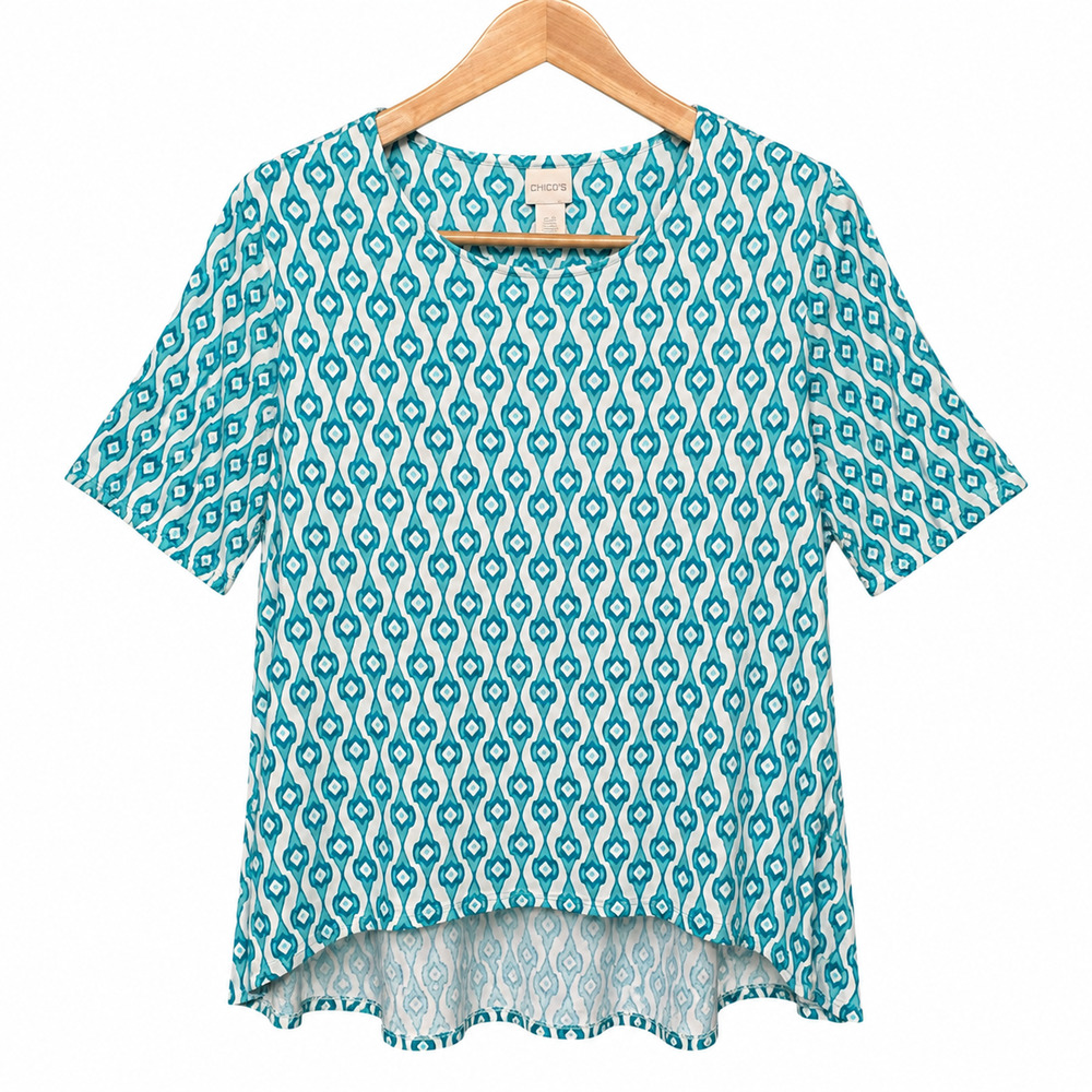 Chicos Top Womens Size XL Green Geometric Print Modal Short Sleeve Jersey Casual
